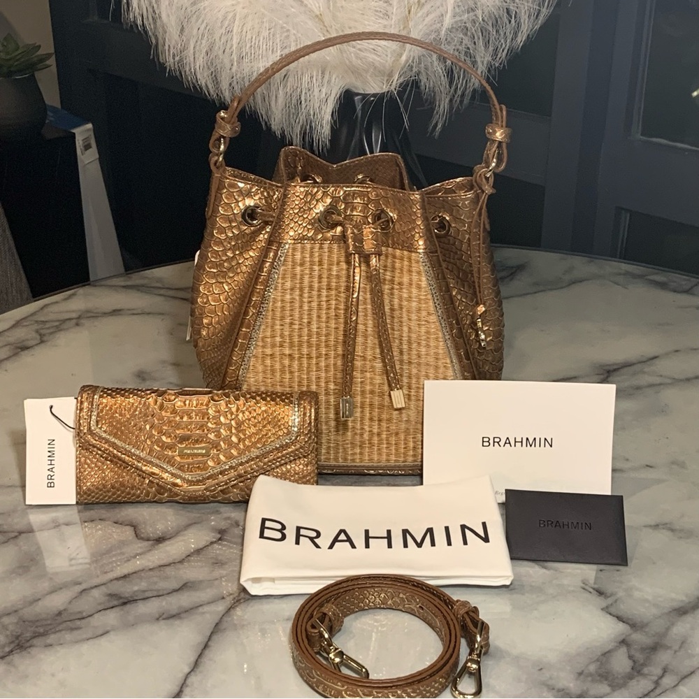 Brahmin Melinda Honey Brown Sandalwood Bucket Bag with Matching Veronica Wallet